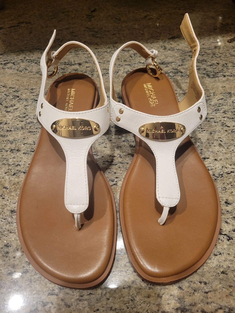 Michael Kors White Leather T-Strap Sandals with Gold Plaque